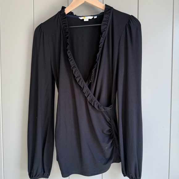 BODEN Fixed Wrap Blouse Top Women’s Ruffle Frilled V Neck Black Ruched Sides 6 - Picture 1 of 9